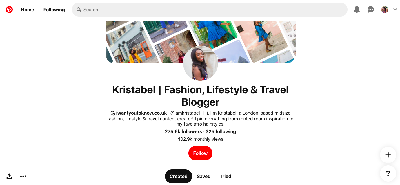 Pinterest profile with keywords